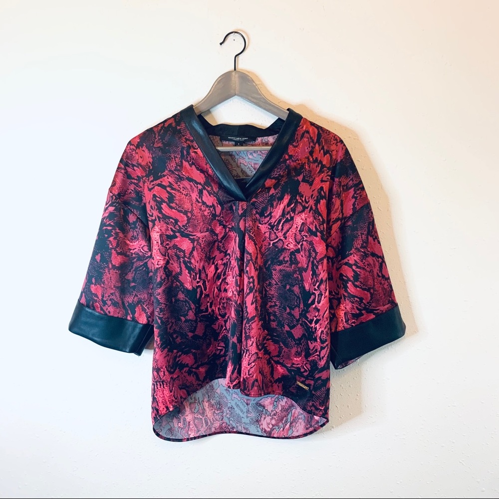 Marc NY Snake Print Vegan Leather Trim Red Black Women’s Top Size Small NWT